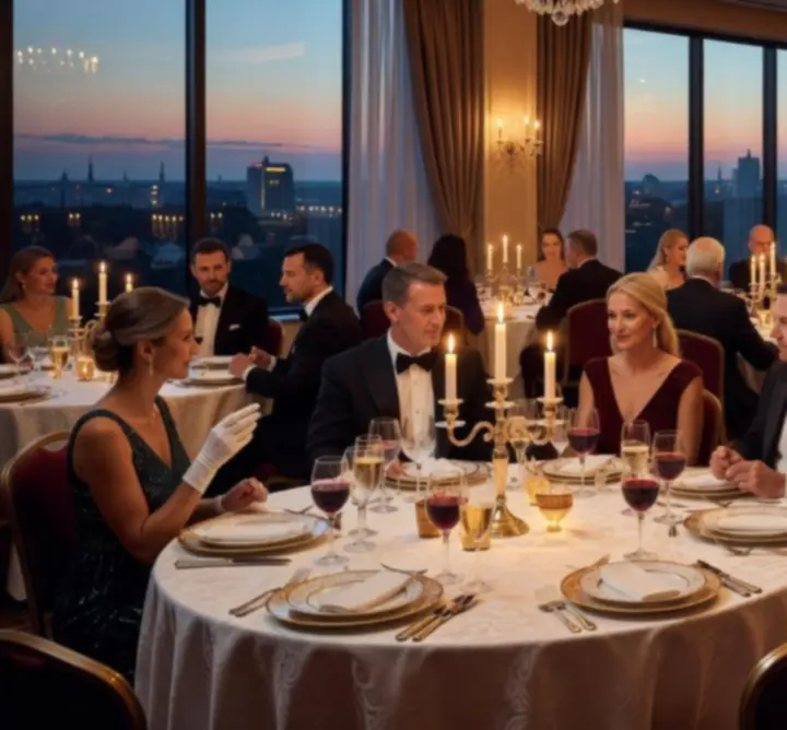 Ekskluzywne wieczorne wydarzenie z elegancką oprawą świetlną i stołami eventowymi